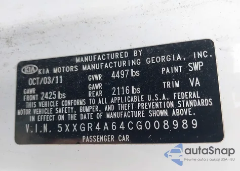 2012 Kia Optima Sx from USA, damaged, VIN 5XXGR4A64CG008989